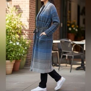 L’Agence Striped Blue, Silver, Black and Gray Women's Duster Sweater